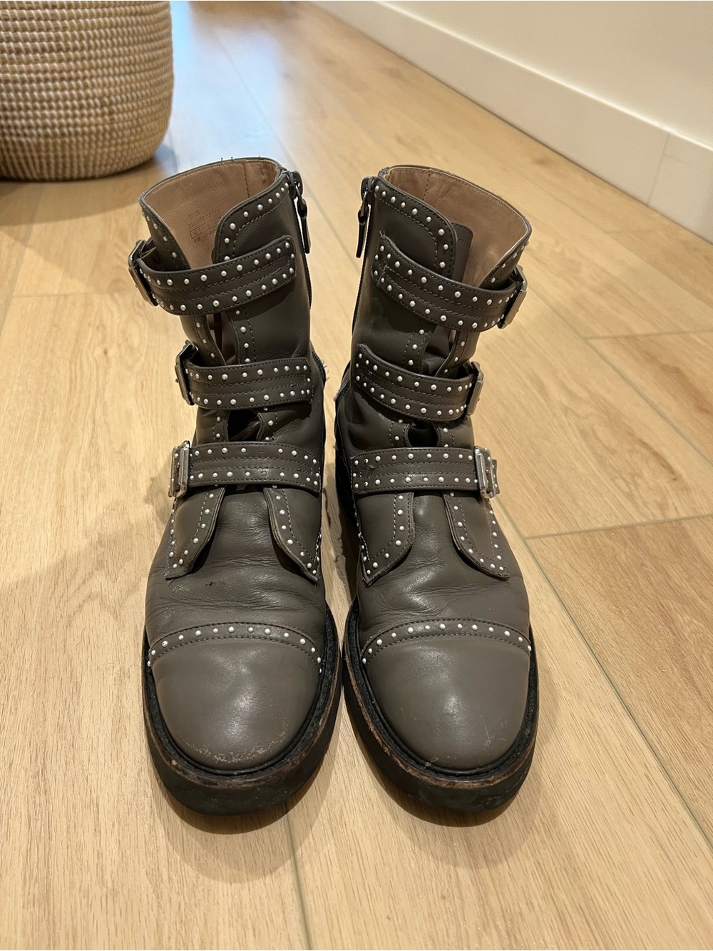 Stuart Weitzman Studded Buckle Leather Combat Boots — Gray